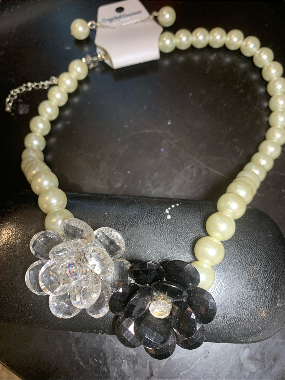 Cream Pearl Necklace with Clear & Black Crystal Flower Accents